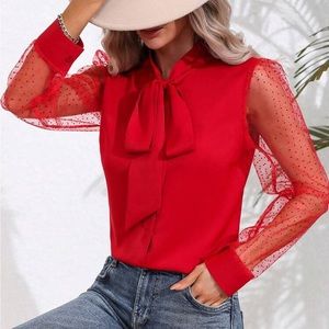 Red Elegant Sheer Mesh Lace Polka Dots Tie Top Button Down Shirt Blouse